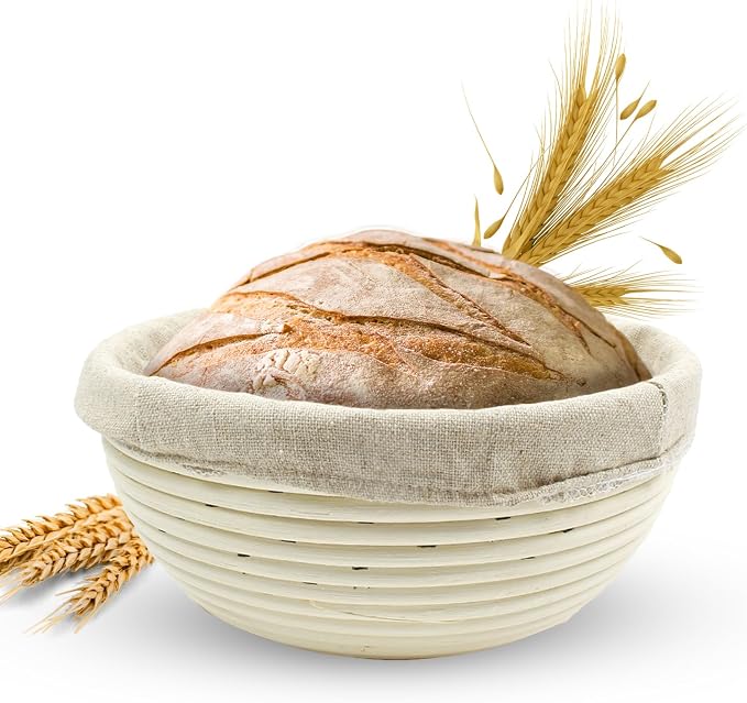 Vollum Banneton Bread Proofing Basket & Liner – Handmade Rustic Sourdough Bread Baking Supplies, Brotform Basket, Sour Dough Tools, Gifts for Bakers - Round - 8.5"D x 3"H