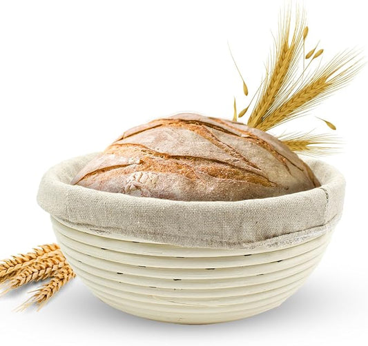 Vollum Banneton Bread Proofing Basket & Liner – Handmade Rustic Sourdough Bread Baking Supplies, Brotform Basket, Sour Dough Tools, Gifts for Bakers - Round - 8.5"D x 3"H