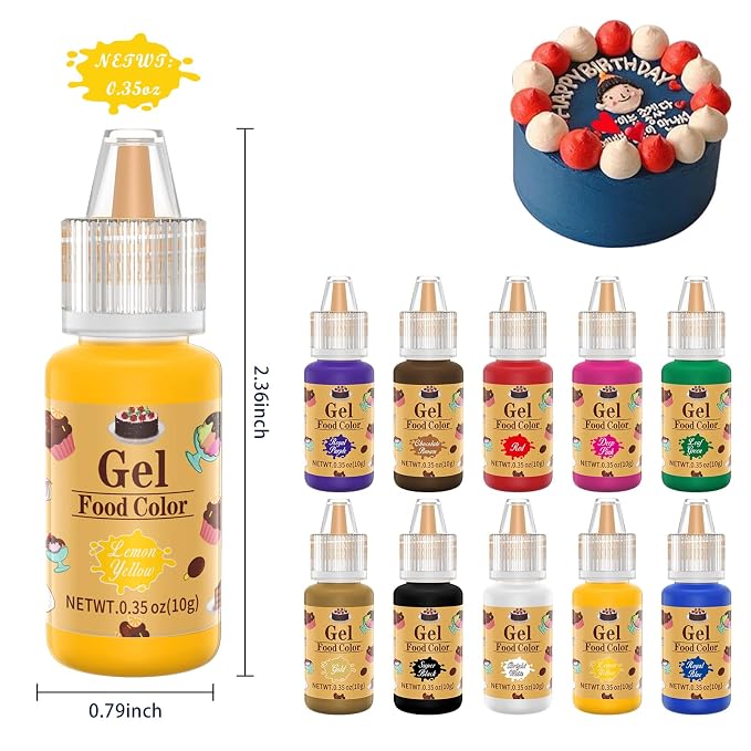 Gel Food Coloring 10 Colors, E-Kongton Food Coloring Gel Cake Color Set,Vibrant Icing Colors Flavorless Edible Foods Dye for Baking Icing Fondant Cake Decorating Clay DIY Supplies Kit .35 Fl. Oz(10ml)