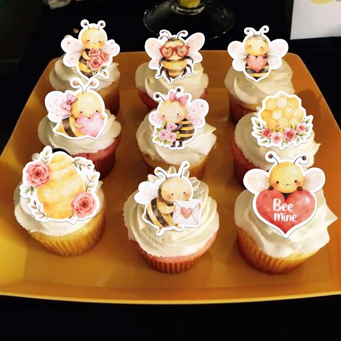 60 PCS Edible Bumble Bee Cupcake Toppers Wafer Paper Love Heart Flower Oh Babee Cupcake Picks Edible Honey Bee Cupcake Decorations for Baby Shower Kids Birthday Party Cake Decorations Supplies