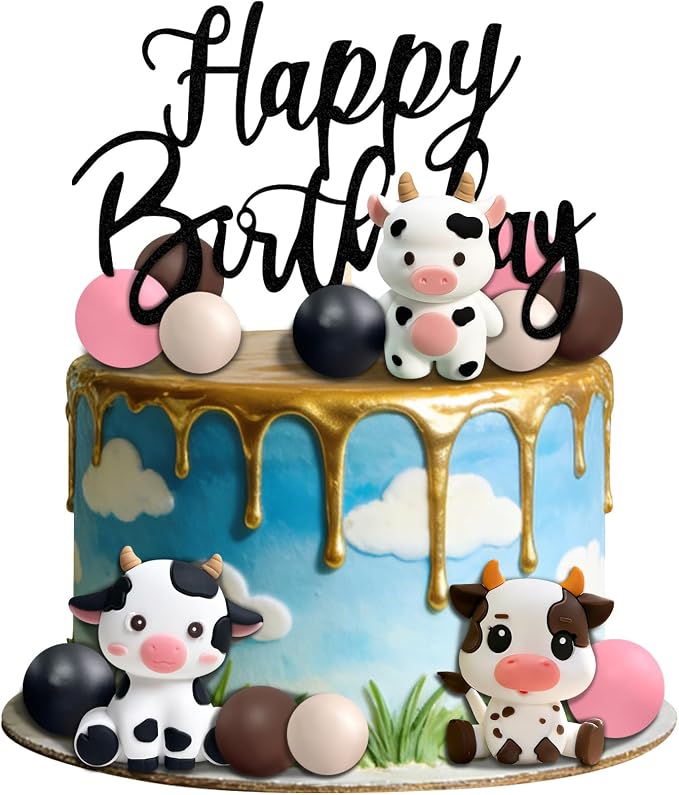 Cow Cake Topper, Happy Birthday Cake Decoration with Farm Animal Theme (black)