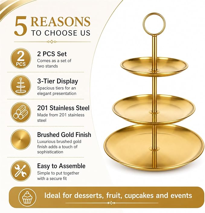 ABuff 3 Tiered Gold Cupcake Stand 2 Pack Stainless Steel Gold Tiered Dessert Stand Cupcake Display Tower 3 Tier Serving Tray Cake Stand for Baby Shower Birthday Party Wedding