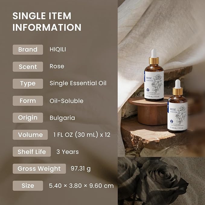 HIQILI Rose Essential Oil Set – 1 fl oz (12 Pack), with Stable Quality, Bulk Pack for Business Purchase, Ideal for Skin Care, SPA, Hotels, DIY Studios, Holiday Gifts & Home Use