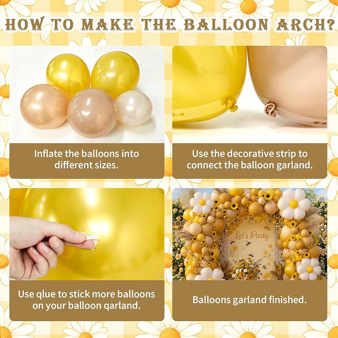 Bee Balloon Garland Arch Kit, Mustard Yellow Brown White Balloons with Daisy Balloon for Sunflower Bee Theme Gender Reveal Birthday Party Baby Shower Decorations