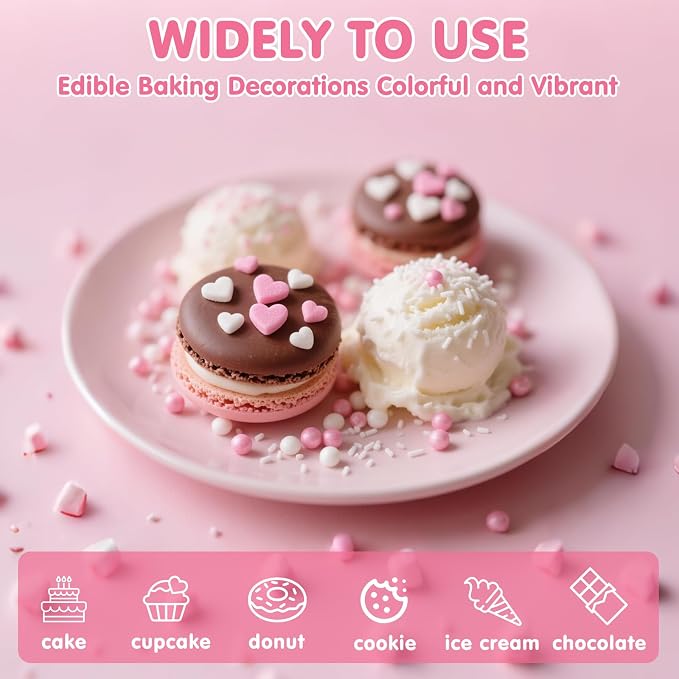 Edible Heart Sprinkles for Cake Decorating,White Pink Pearl Sugar Jimmies Mix Size 130g/4.58oz,Baking Candy Decorations,Cupcake Toppers,Cookie Donuts Ice Cream Dessert Decorating,Wedding Birthday Party Supplies