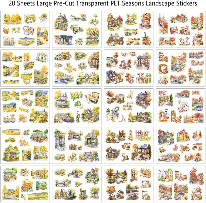 Large Transparent PET Autumn Landscape Sticker Book for Journaling, 20 Sheets Pre-Cut Scenery Stickers for Scrapbooking Supplies, Collage Decorative, 9.25 x 6.58 inches