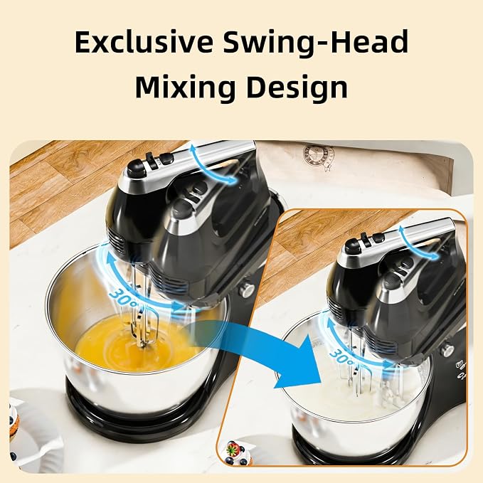 4.8QT 2-in-1 Stand Mixer, Electric Kitchen Mixer with Auto-Rotating Bowl & Tilt-Head, 5-Speed 250W Turbo Baking Machine for Beginners with Beater & Dough Hook for Cookie, Bread, Cake (Black)
