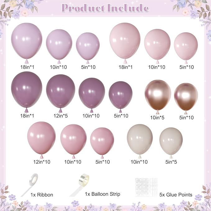 Pink and Purple Balloon Arch Kit, 128Pcs Dusty Pastel Macaron Purple Pink Sand White Gold Pink Lavender Balloons for Baby Shower Wedding Bridal Shower Birthday Party Decorations