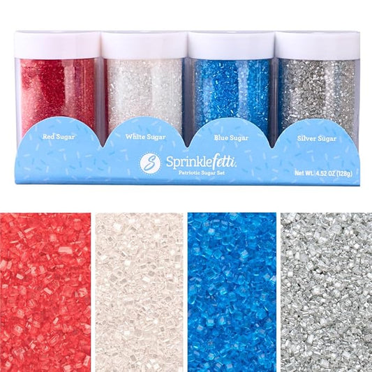 Sweets Indeed 4th of July Decorating Sugar 4-Pack Set – Red White Blue and Silver Sanding Sugar for Baking & Decorating Cupcakes, Cookies, Cakes & Desserts – 4.52 ounces