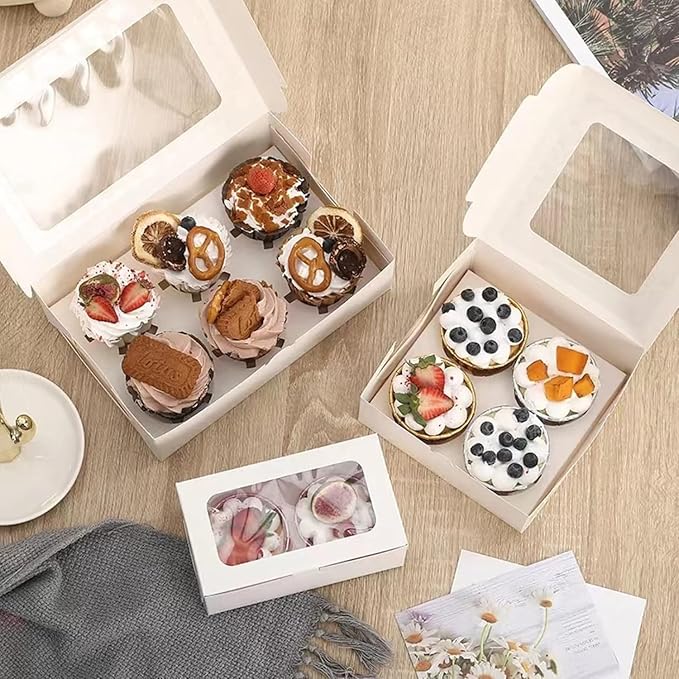 30 Pack Cupcake Boxes Bulk with Clear Display Window Hold 4 Standard Cupcakes, Disposable Food Grade White Cupcake Carrier Cupcake Container, Perfect for Cupcakes Muffins Cookies Pastries
