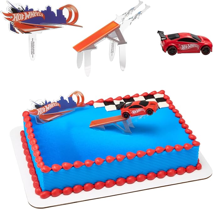 DecoSet® Hot Wheels™ Supreme Speed Cake Topper, Car Cake Decoration Set with Vehicle cake topper, Ramp and Background Pics, 3 Piece Set | For Birthday And Celebrations