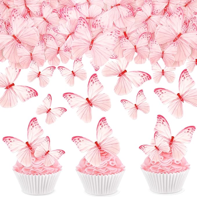 60Pcs Edible Butterfly Cupcake Toppers Pink Butterflies Cupcake Picks Drink Toppers for Butterfly Theme Baby Shower Girls Birthday Party Birdal Shower Engagement Wedding Party Decorations