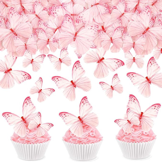 60Pcs Edible Butterfly Cupcake Toppers Pink Butterflies Cupcake Picks Drink Toppers for Butterfly Theme Baby Shower Girls Birthday Party Birdal Shower Engagement Wedding Party Decorations