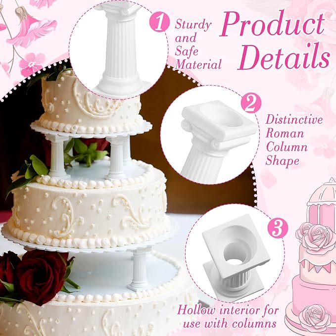 Suclain 24 Pcs 3 Size Fondant Cakes Tier Separator Support Stand Roman Column Cake Tiered Stands Multilayer Pillars Oman Column Wedding Decoration Support Tool Sets for Wedding Cupcake Display