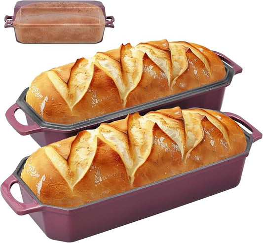 Flavehc Bread Pan Cast Iron Loaf Pan with Lid Bread Loaf Pan 13x5 Inch Enameled Cast Iron Sourdough Bread Pan,Magenta