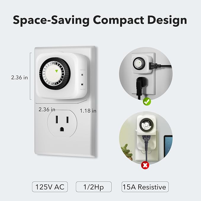 HBN Indoor Timers Plug Mechanical 2 Prong 24-Hour Mini Lamp Timers 2 Pack, for Electrical Outlets, Fish Tank, Fans, LED Lights, ETL Listed