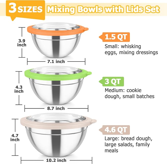 TeamFar Mixing Bowls, 4.5/3/1.5 QT Stainless Steel Nesting Salad Bowls with Airtight Lids, For Serving/Mixing/Storing/Prepping, Non-Toxic & Sturdy, Visible & Easy Clean, Multi-Color, Set of 3