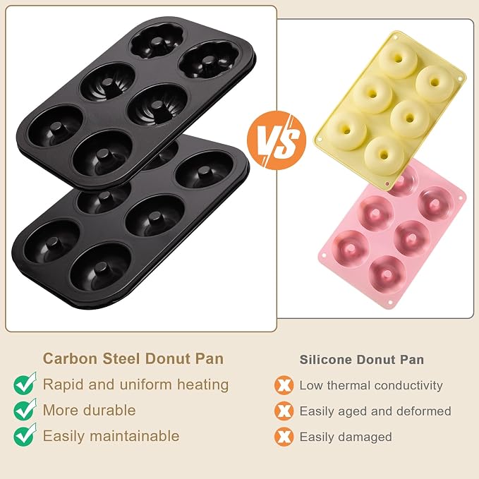 2 Pack Donut Pans, Carbon Steel Donut Pan for Baking with 6 Holes Non-Stick Stackable 10.35" x 7.28" Doughnut Pans Oven Safe Donut Molds for Bagels, Mini Cakes and Muffins
