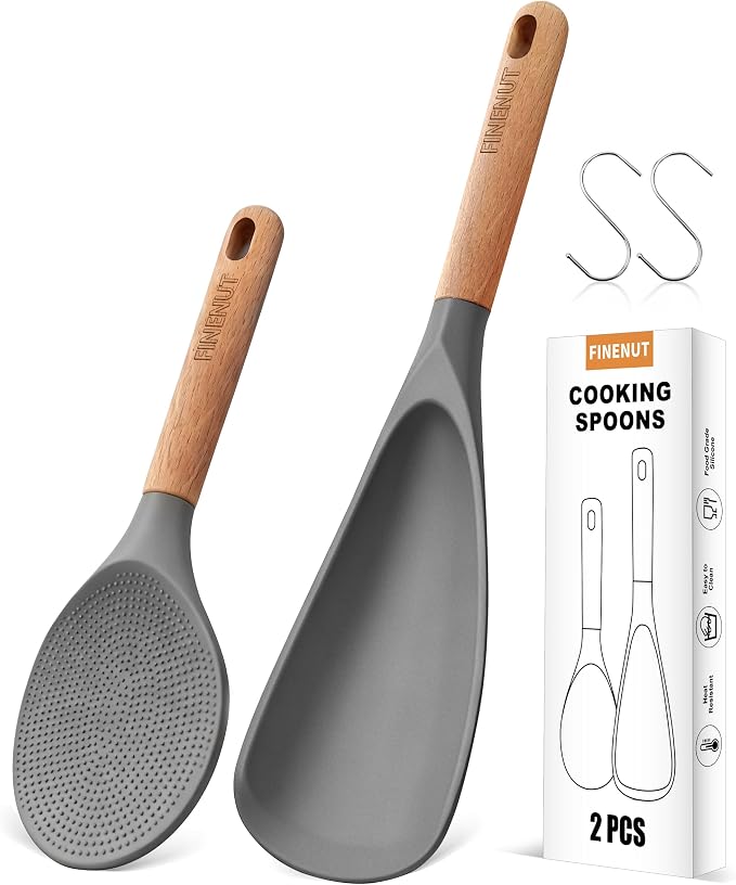 Cooking Spoon Multifunction Spoonula Silicone Spatula Spoon 2-Pack, Dual-Use Heat Resistant 446°F, BPA-Free Non-Toxic Wooden Handle Rice Spoon Set for Non-Stick Cookware & Rice Cookers (Gray)
