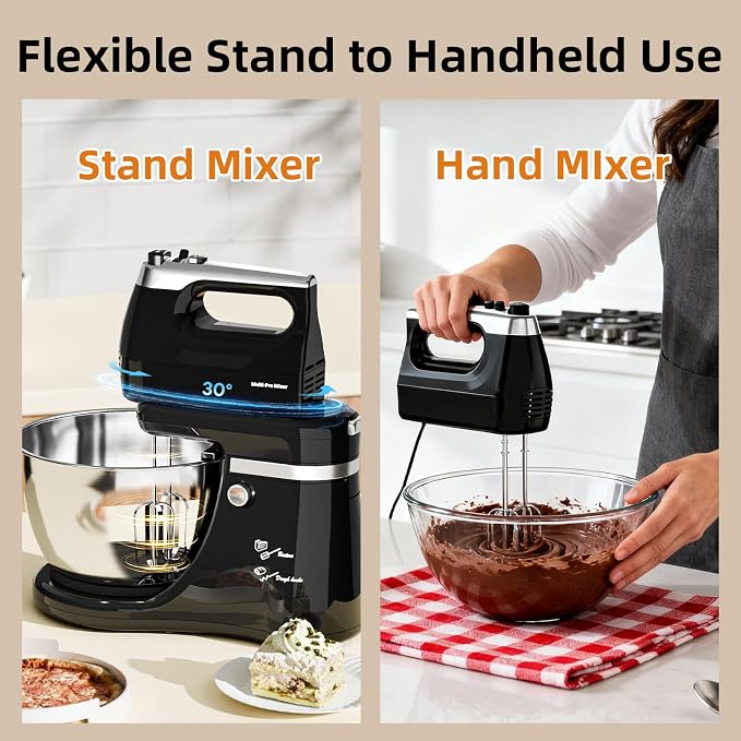 4.8QT 2-in-1 Stand Mixer, Electric Kitchen Mixer with Auto-Rotating Bowl & Tilt-Head, 5-Speed 250W Turbo Baking Machine for Beginners with Beater & Dough Hook for Cookie, Bread, Cake (Black)