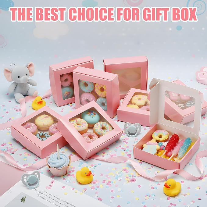 Zonon 60 Pcs Kraft Paper Boxes with Window 4.13 x 4.13 x 1.18 Inch Candy Packaging, Small Gift Boxes, Soap holder, Mini Treat Packaging for Bakery Chocolate Jewelry Display (Pink)