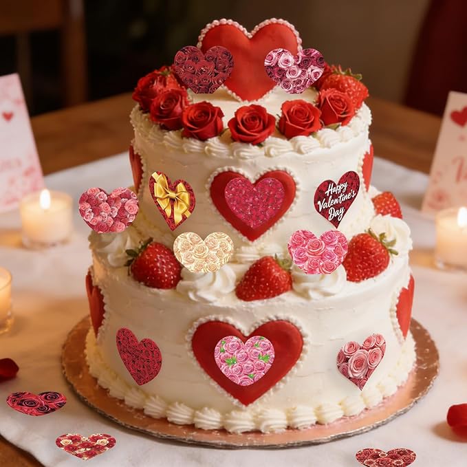 56PCS Edible Floral Heart Cupcake Toppers Wafer Paper Roses Heart Cupcake Picks Happy Valentine’s Day Cake Decor for Valentine's Day Theme Engagement Party Supplies