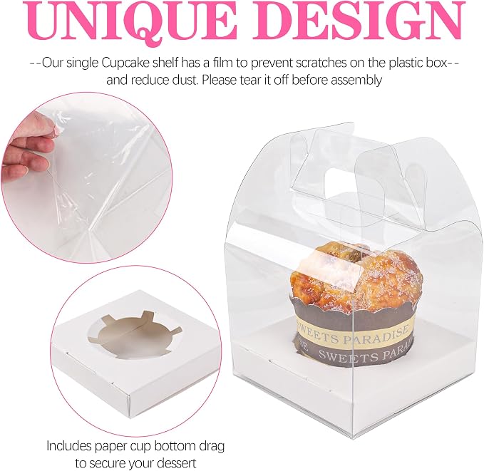 12 PCS Individual Cupcake Containers Single Cupcake Boxes with Handle and Inserts Clear Plastic Favor Boxes