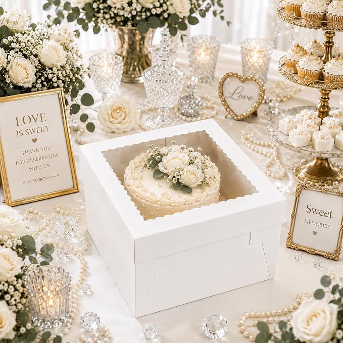 NPLUX Cake Boxes 12 Inch, 30 Pack 12x12x8 Cake Box with Window, White Cake Boxes with Separate Lid for Cakes, Pastries, Cookies, Bakery Orders and Gifting, Graduation Gifts Party Favors