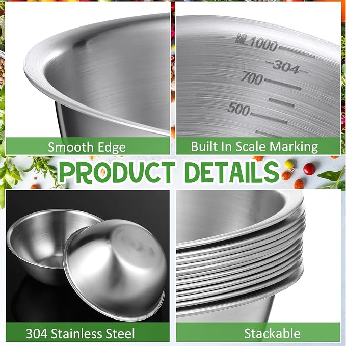 Honeydak 12 Pcs 304 Stainless Steel Mixing Bowls with Graduations, 31 oz Salad Bowls Metal Serving Reusable Baking Food Storage Containers for Baking, Cooking, Making Salads, Soups, Ice Cream, Noodles
