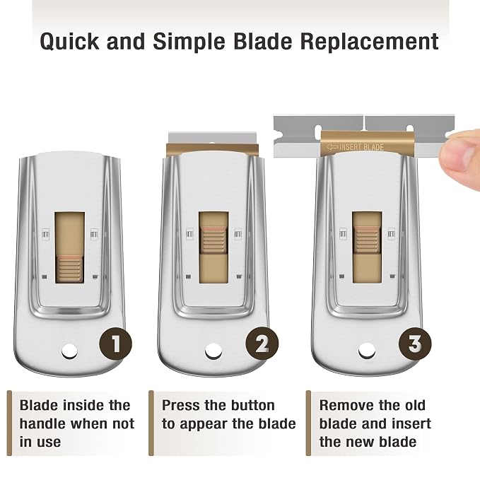 Bates Choice Metal Razor Blade Scraper Tool, Pack of 4, 60 Extra Carbon Steel Blades, Stainless Steel Heavy-Duty Cleaning Razor Scraper Tool