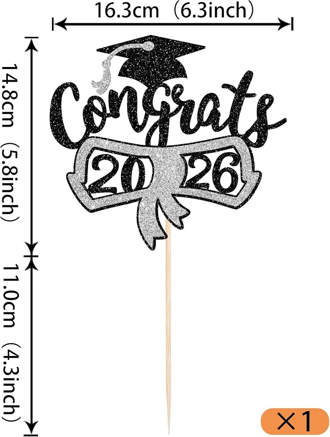 1 Pack Congrats 2026 Cake Topper Glitter Diploma Graduation Cap Cake Pick Contrats Class of 2026 Cake Decorations for 2026 Graduation Theme High School Boys Girls Graduate Party Silver