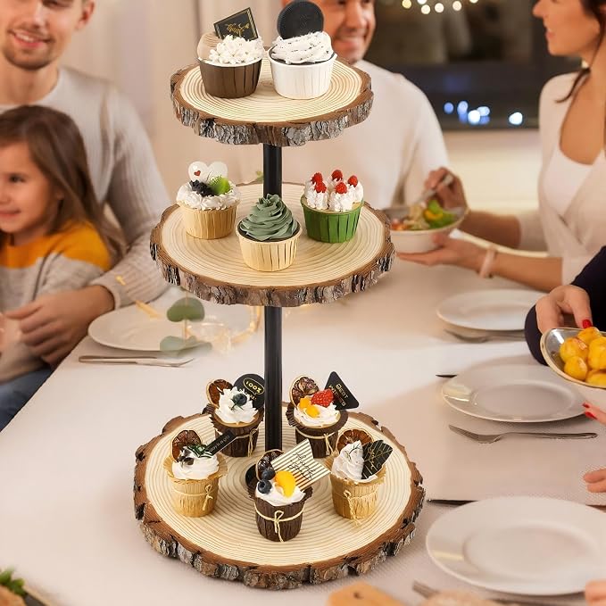 Chunful Rustic 3 Tier Round Natural Wood Cupcake Dessert Stand, Cup Cake Tower Stand Holder, Wooden Cake Display Tiered Centerpiece for Party, Birthday, Wedding, Baby Shower, Holiday Decoration