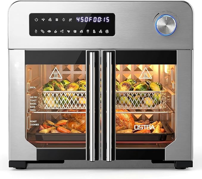 OSTBA French Door Air Fryer Toaster Oven Combo, 24QT 10-in-1 Oven | 10-in-1 Cooking, 1700W Power, Adjustable Fan Speed, Rotisserie Function, 102-Recipe Book, 6 Accessories