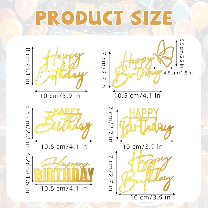 6Styles Gold Happy Birthday Cake Toppers, Mirror Acrylic Happy Birthday Sign for Cake Side Decoration, Glitter Gold Acrylic Happy Birthday Cake Topper Set for Cake Party Decorating Supplies