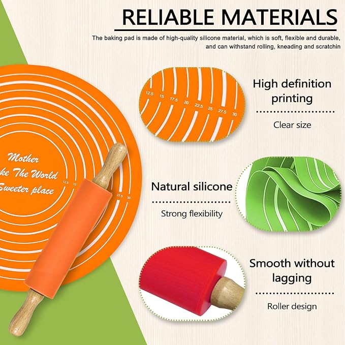 Silicone Rolling Pin Backing Mat Set, 13" Dough Roller with Non Stick Pastry Sheet, Small Fondant Roller Round Kneading Mat for Bread Cookie Pie Pizza Sourdough Kitchen (Orange)