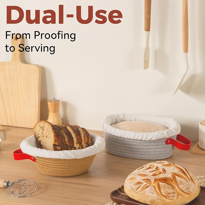Banneton Bread Proofing Basket Set, 10" Oval & 9" Round Cotton Rope Proofing Baskets with Liners & Covers, Sourdough Bread Baking Supplies