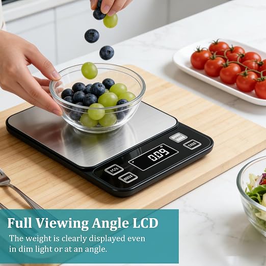 Digital Food Scale 11lb/5kg, Waterproof Kitchen Scale, Tare Function and 2 Power Options with Batteries, Stainless Steel Gram Scale for Cooking and Baking