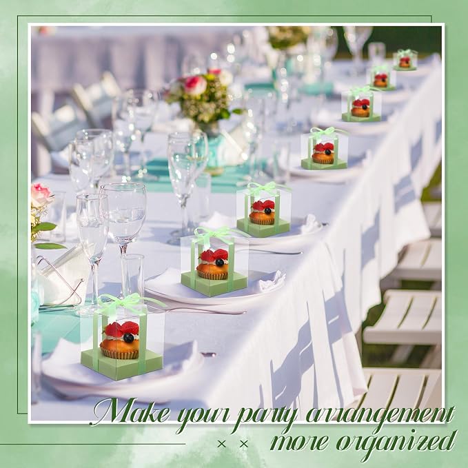 Thenshop 50 Pcs Clear Cupcake Boxes Individual 3.5 Inch Plastic Single Cupcake Containers Boxes with Inserts and Ribbon Individual Cake Storage Holders for Cake Kitchen(Light Green)