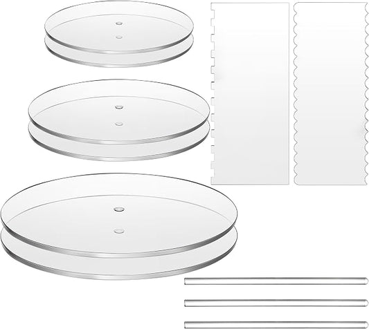Coloch 11 Pieces Acrylic Cake Discs Set, 6.25/8.25/10.25 Inch Clear Cake Decorating Supplies with 6 Acrylic Discs, 2 Icing Scraper and 3 Center Dowel for 3 Tier Cake Making, Serving Bake Goods