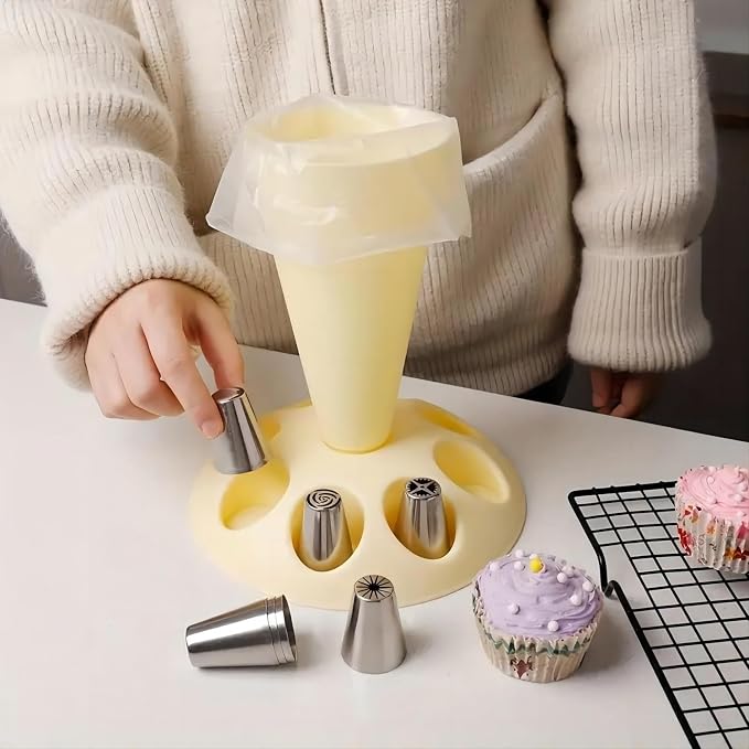 CRUIFU Piping Bag Holder Stand for Filling, Pastry Bag Holder Stand, Decorating Bag Holder with 8 Slots Nozzles Holder, Plastic Pastry Bag Stand for Cake Decorating Kit, Baking Accessories (Red) | Keeps piping bags upright for cleaner filling, making d...