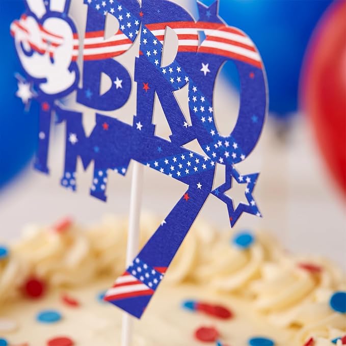 Bro I'm 7 Birthday Cake Toppers, Patriotic Cake Decorations for Boys Birthday Anniversary Party Decor Supplies