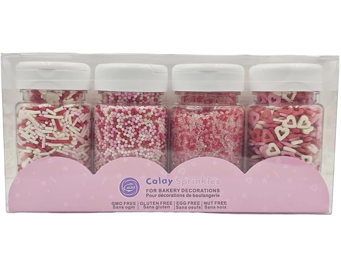 Edible Valentines Sprinkles for Baking,Pink, Red and White Heart,Jimmies,Nonpareils,Sanding Sugar for Love Valentines Day Cake Cookies Cupcake Topper Decorating(4 Bottles)