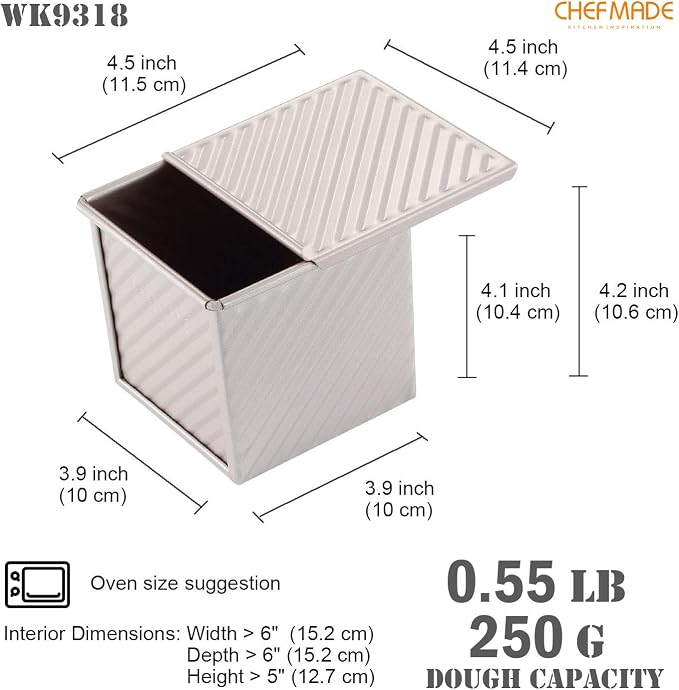 CHEFMADE Mini Pullman Loaf Pan with Lid, 0.55Lb Dough Capacity Non-Stick Rectangle Corrugated Toast Box for Oven Baking 4" x 4" x 3.9"(Champagne Gold)