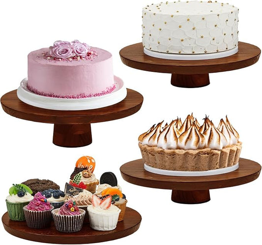 Jinei 4 Sets Wood Cake Stand Rustic 12 Inch Rotating Cake Stand Food Round Risers Turntable for Party Cake Base Wood for Display Parties Weddings Restaurants Decorating Supplies