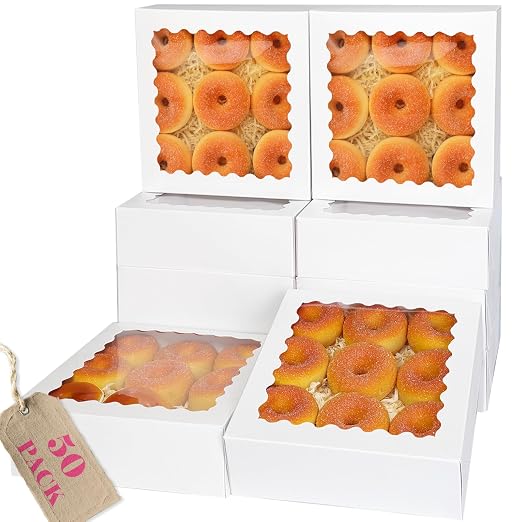 qiqee 10"x 10"x 2.5" White Pie Boxes with Window 50Packs Cookie Donut Bakery Box (Auto-pop Up)