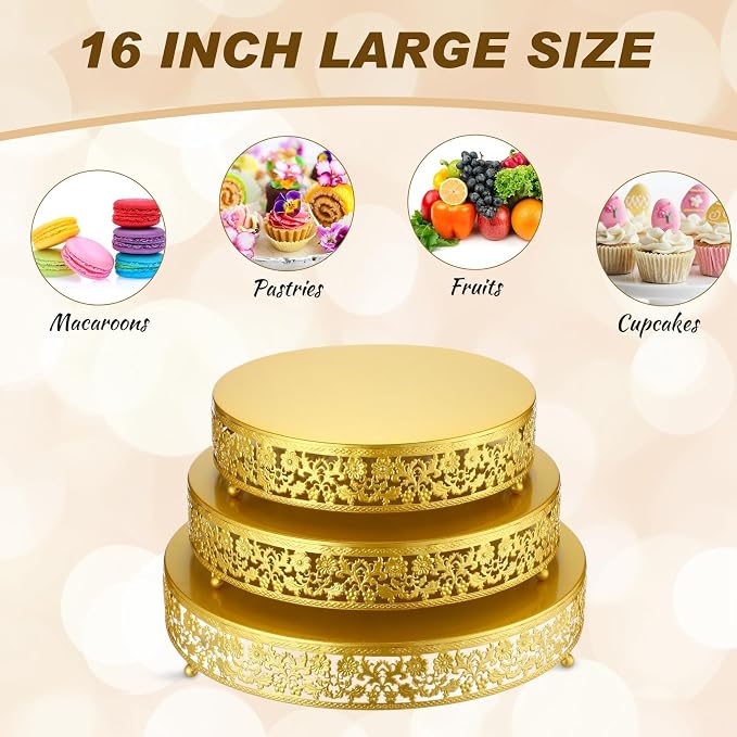 Wenqik 3 Pcs 12/14/16 Inch Gold Cake Stand Set, Metal Round Cake Dessert Display Holder Stand Plates for Wedding Birthday Baby Shower Housewarming Party Celebration