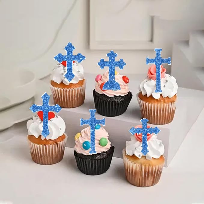 60 PCS Edible Cross Cupcake Toppers God Bless and Baptism Cupcake Toppers Edible Cross Cupcake Picks First Communion Cake Decorations for Religious Theme Baby Shower Birthday Party Supplies Blue