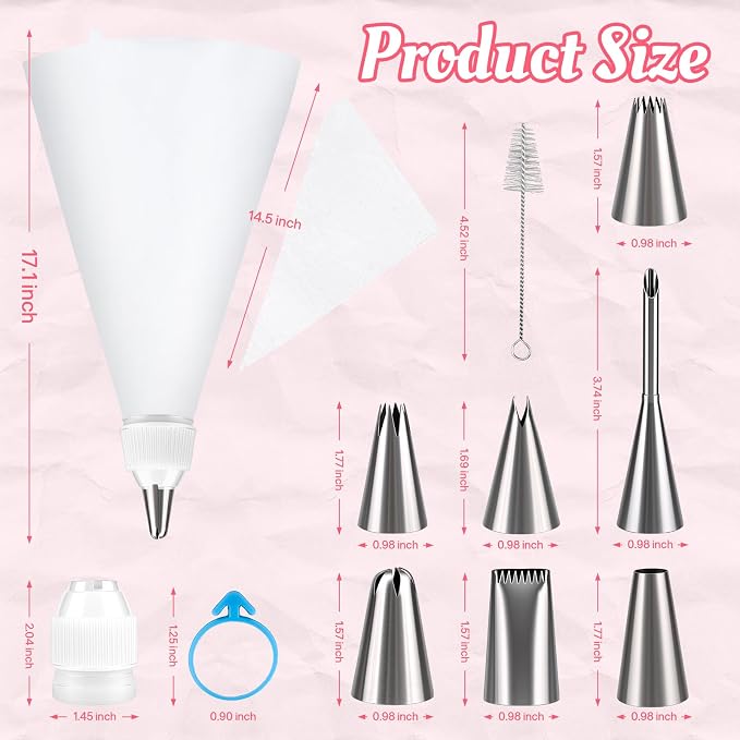 Cleangor Piping Bags and Tips Set, 16 Inch 114 Pcs Cake Decorating Kit with 100 Disposable Icing Bags, 2 Reusable Pastry Bags, 7 Stainless Steel Frosting Tips, 2 Couplers, 2 Bag Ties and 1 Brush