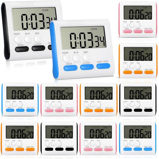 Mudder 12 Pack Digital Kitchen Timer for Cooking, Large Digits, 24 Hour Magnetic Backing Stand Kitchen Timers Clock for Classroom Kids Teachers, Loud Alarm and Large Screen (Mix Color)
