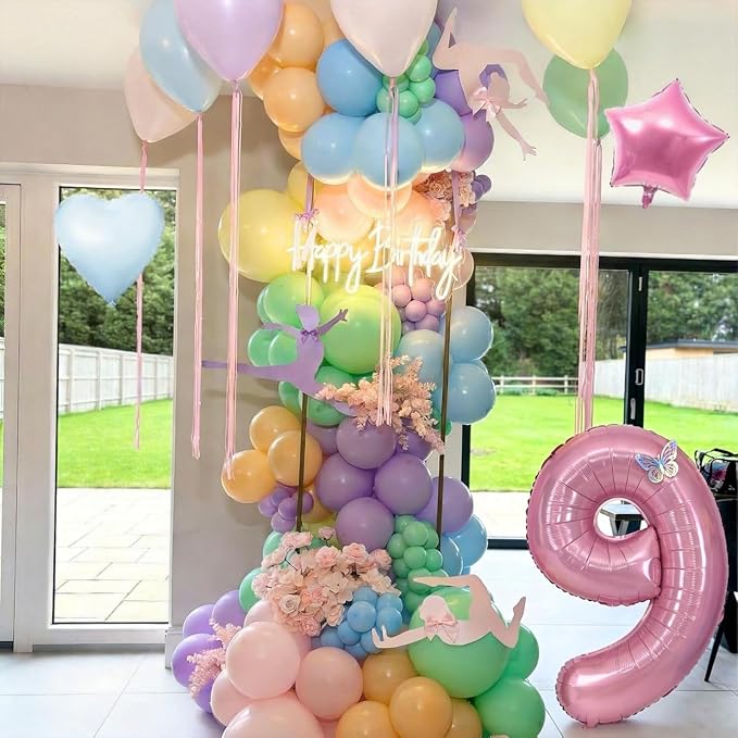 Pastel 9th Birthday Decorations for Girl,Macaron Rainbow 9th Party Decoration Colorful Balloons Banner Star Heart Number 9 Foil Balloon Cake Topper Butterfly Party Decorations